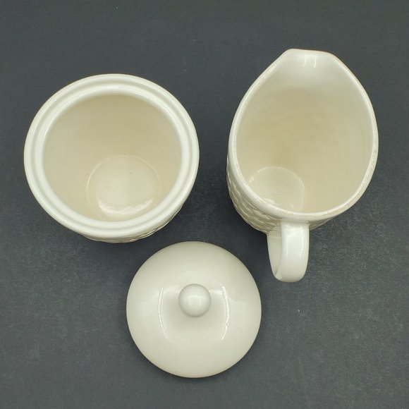 Pfaltzgraff Hamptons Creamer and Sugar Bowl with Lid Embossed Basket Weave - Picture 8 of 10